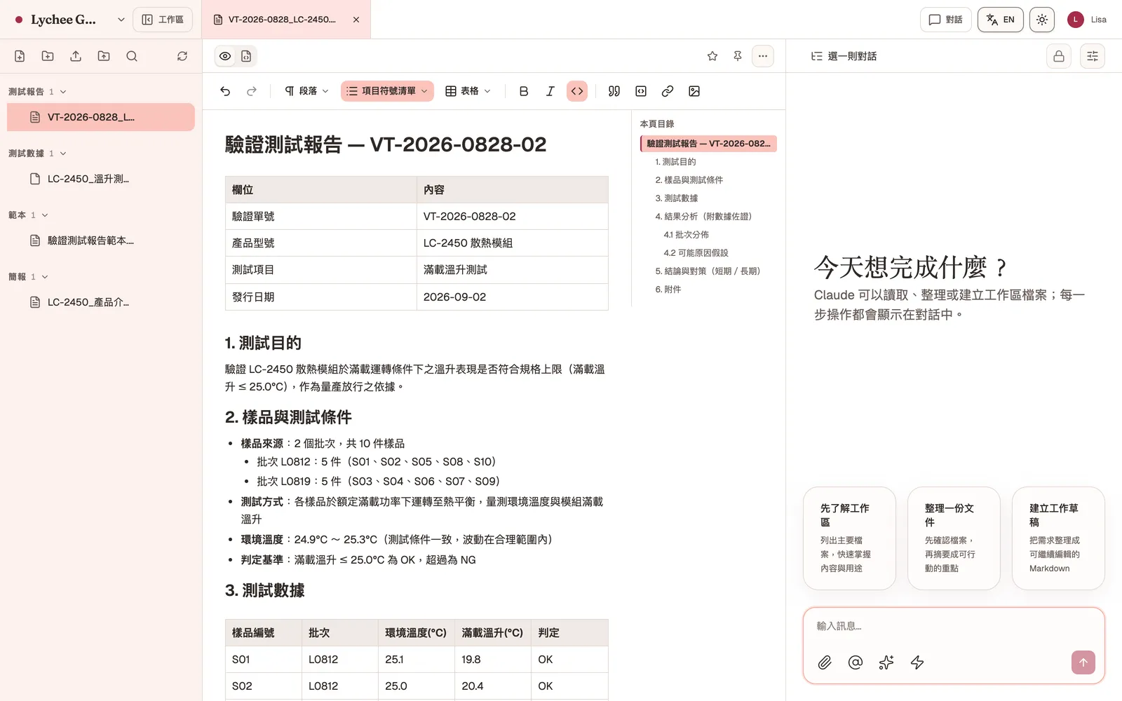 Grove 工作區依公司範本產出的驗證測試報告，包含測試目的、條件、資料與判定準則